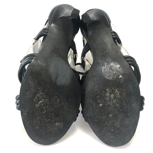 Tory Burch Adriana Leather Heels Strap Stilletto Sandal Peep Toe Sz 6 Black Gold